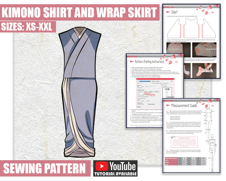 Kimono Shirt and Wrap Skirt Cosplay Sewing Pattern/Downloadable PDF File