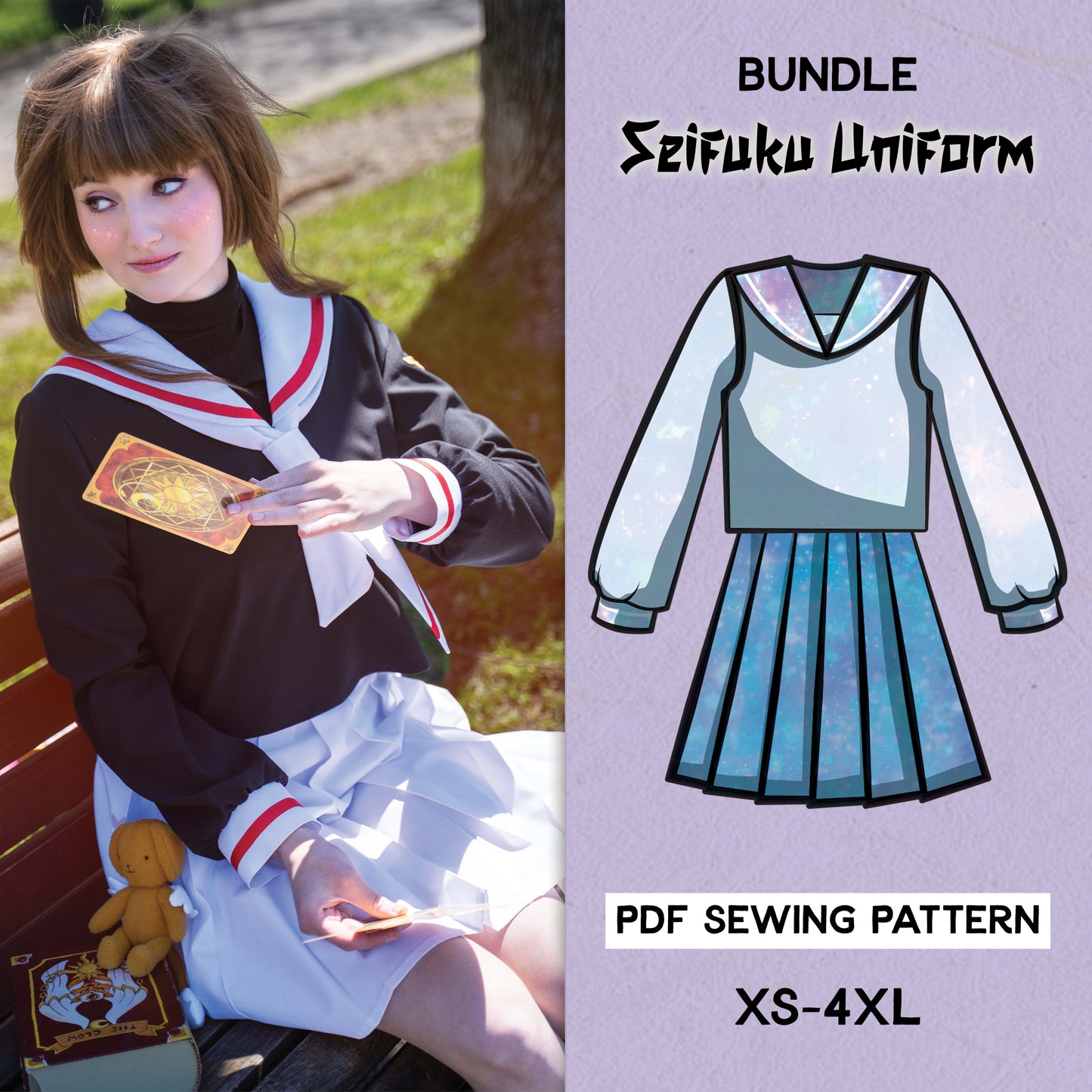 Image promoting a PDF sewing pattern for Cardcaptor Sakura's seifuku uniform, shown with a cosplayer wearing the finished design.