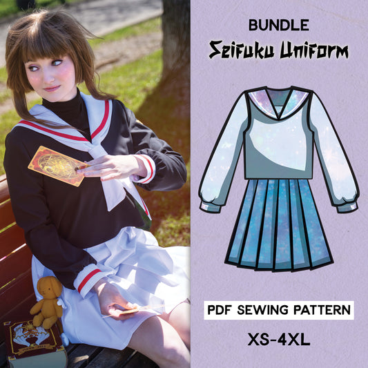 Image promoting a PDF sewing pattern for Cardcaptor Sakura's seifuku uniform, shown with a cosplayer wearing the finished design.