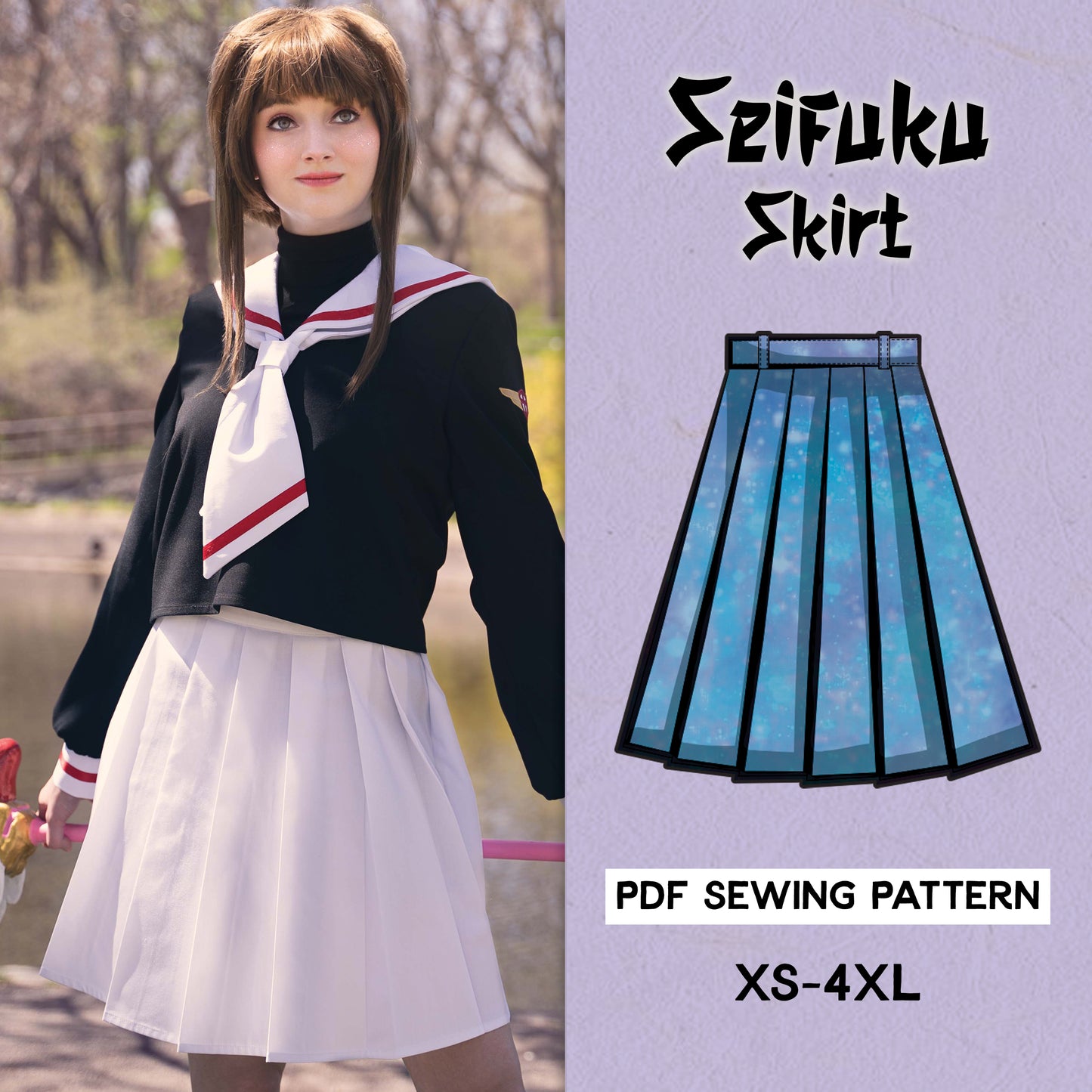 A cosplayer wearing a black and white seifuku (Japanese school uniform) with a pleated skirt, holding a prop staff. The image is split into two sections, with the right side showing an illustrated pleated skirt and text that reads "Seifuku Skirt," "PDF Sewing Pattern," and "XS-4XL.