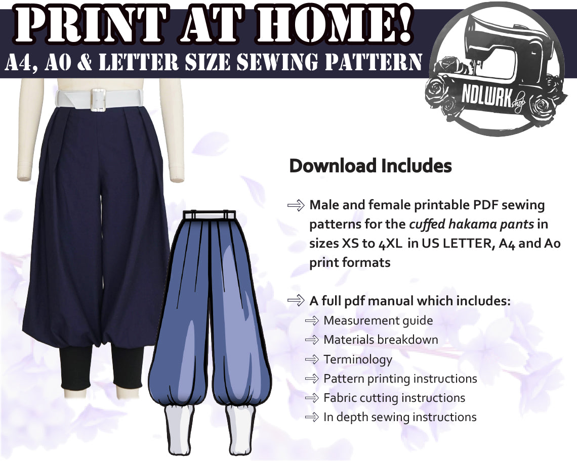 Cuffed Hakama Pants Sewing Pattern/Downloadable PDF File and Tutorial Book