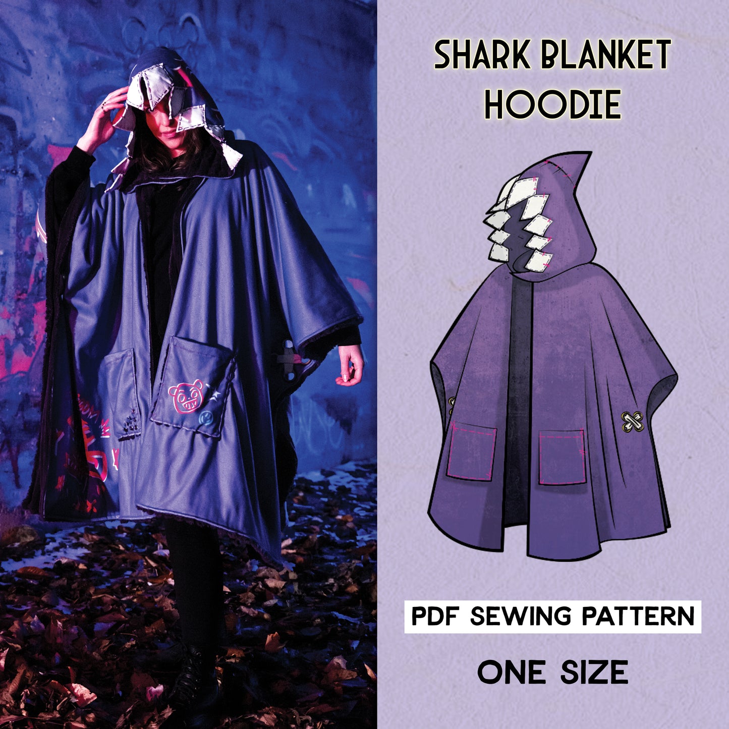 Split image showing a cosplayer wearing a blue "shark blanket hoodie" next to an illustration of the pattern design in purple. The hoodie features a shark-like hood with jagged "teeth." The cosplayer is standing outdoors with graffiti in the background. Text indicates this is a PDF sewing pattern available in one size. The cosplayer wears the hoodie over a black outfit.