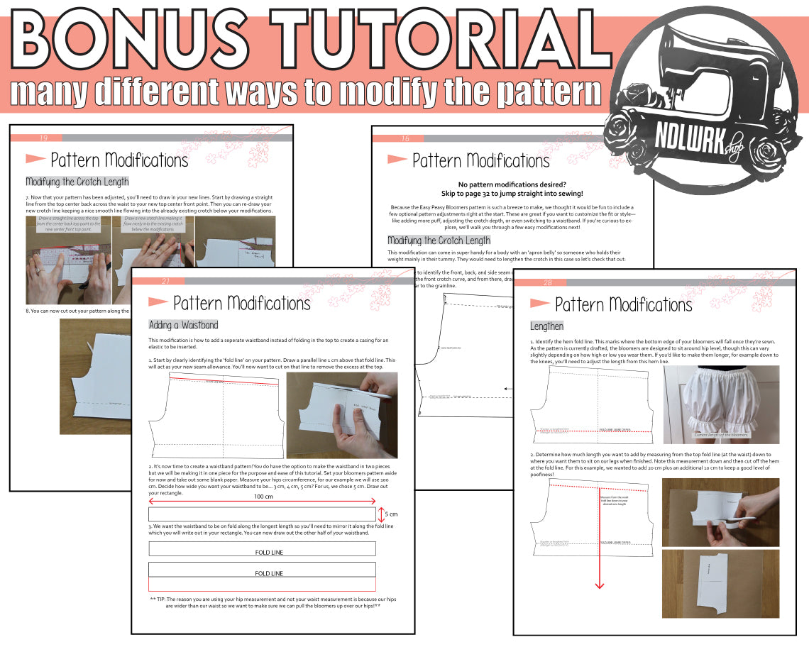 4 screenshots taken from a tutorial book displaying different sections of the book for pattern modifications