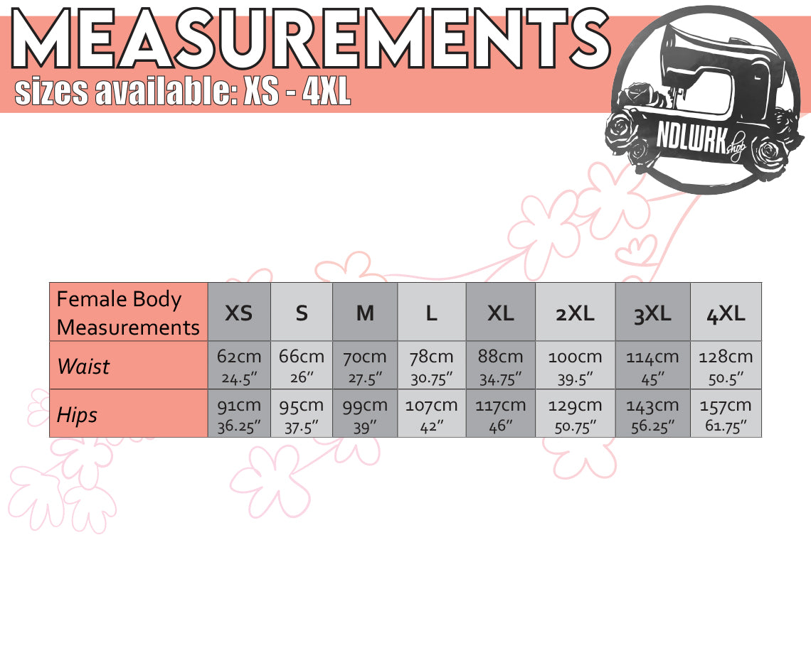 an image with a table for female body measurements from sizes XS to 4XL