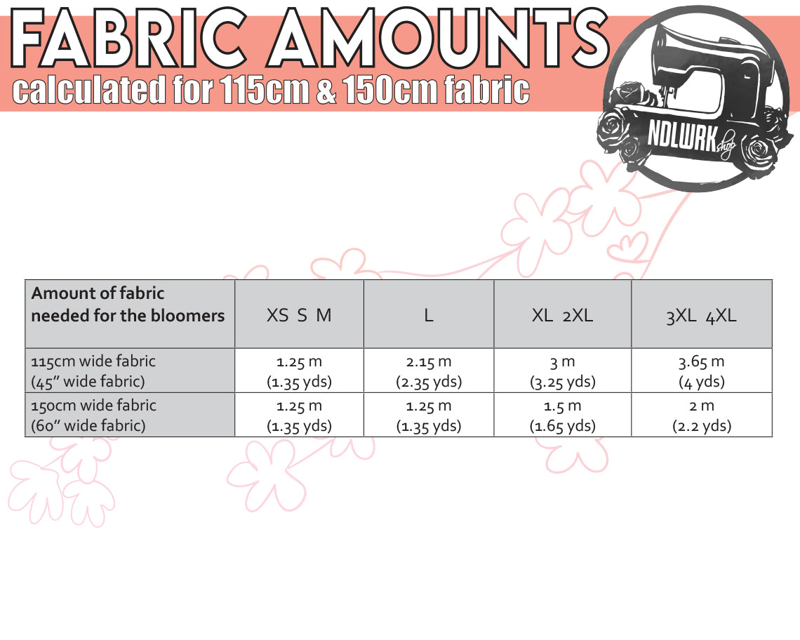 an image with a table explaining how much fabric is needed for multiple sizes and fabric widths