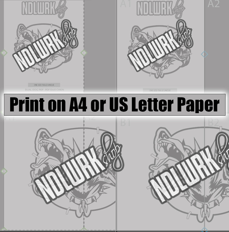 Image showcasing the layout of the Duo Dog PDF pattern, emphasizing that it can be printed on either A4 or US Letter paper. The pattern includes the NDLWRKshop logo and graphic.