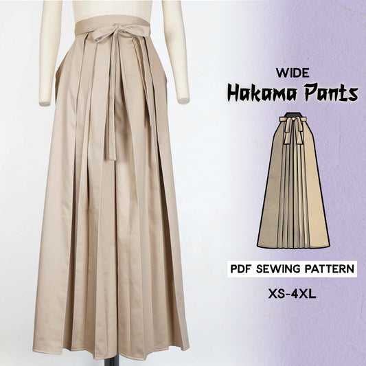 The image shows a pair of wide hakama pants in beige color with six pleats at the front and two pleats at the back. It also includes a sketched representation of the pants' sewing pattern.