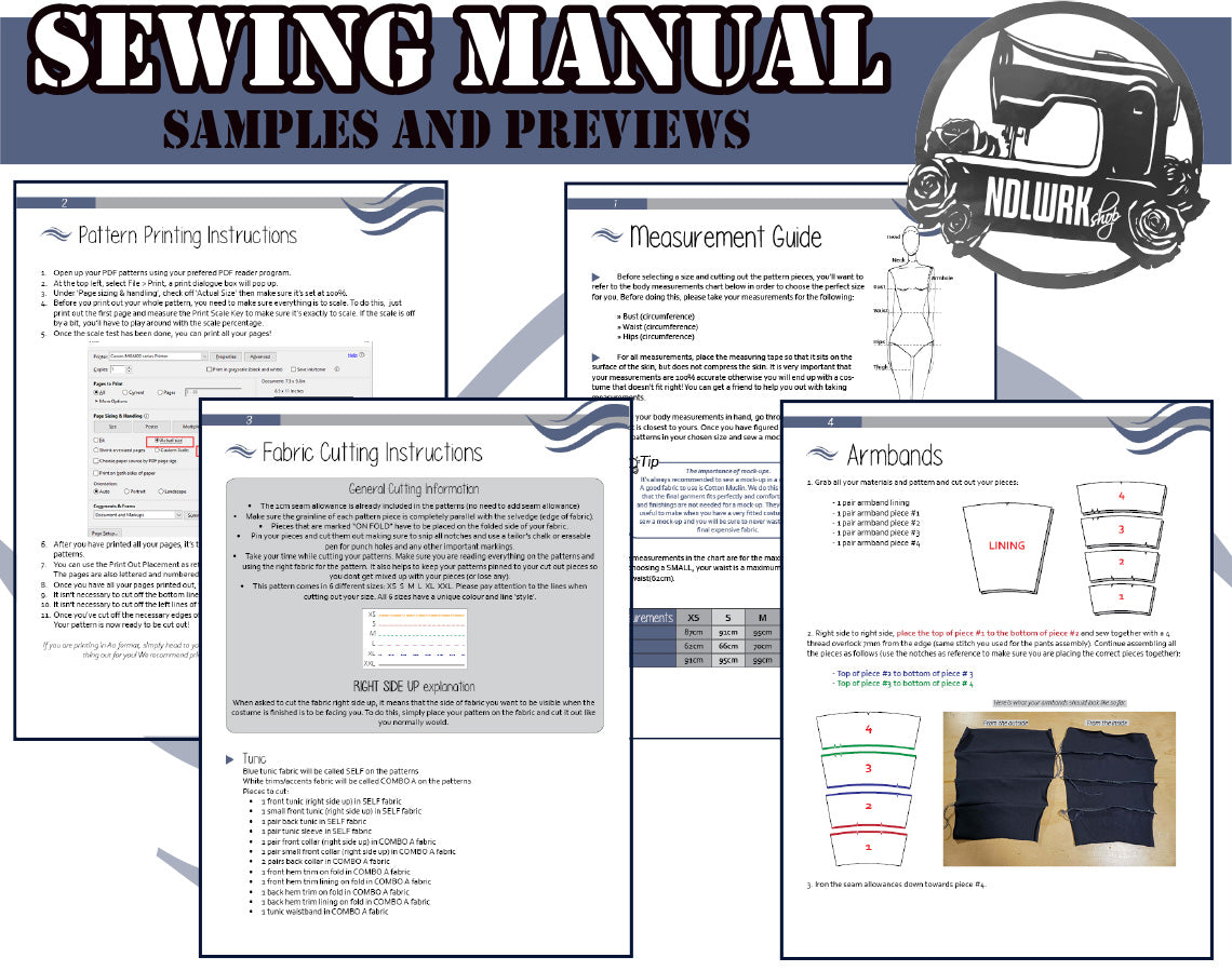A preview of a sewing manual featuring pattern printing, measurement guide, fabric cutting instructions, and an armband assembly tutorial.