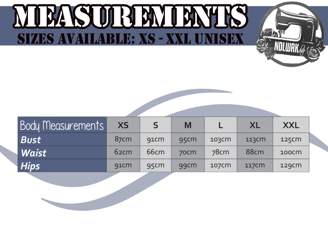 A unisex size chart for XS to XXL, displaying bust, waist, and hip measurements in centimeters.