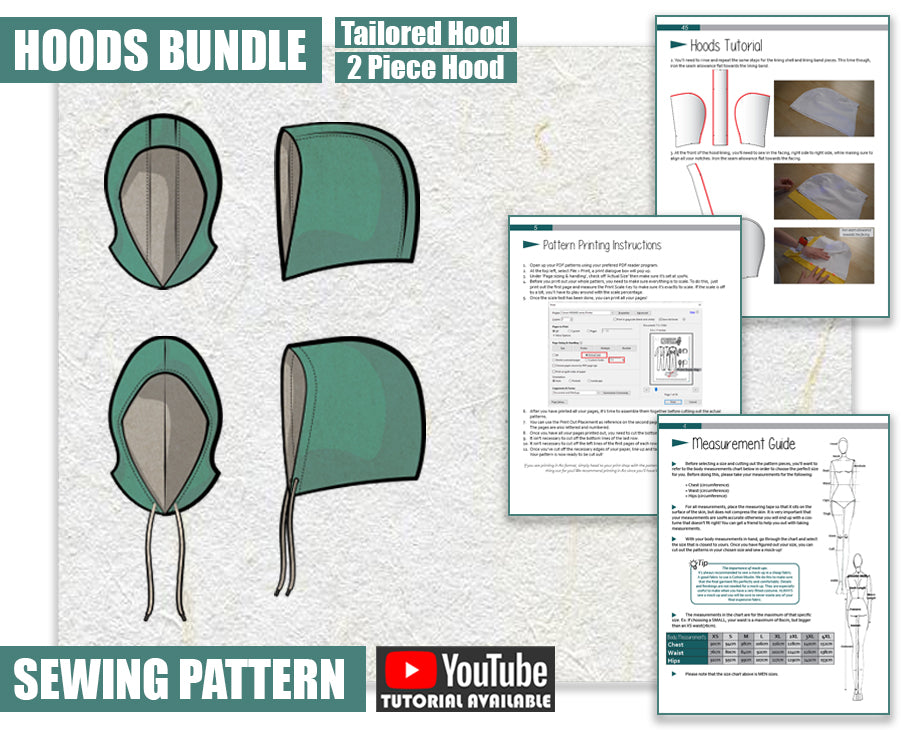 "Digital illustration of a Hood Sewing Patterns Bundle, featuring a tailored hood and 2-piece hood.
