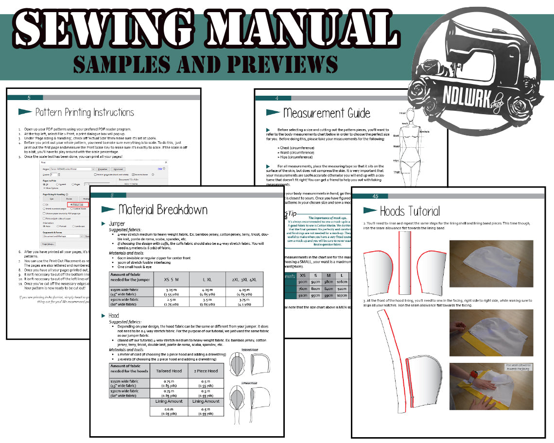 "Preview of a sewing manual for a hood pattern, including pattern printing instructions, measurement guide, material breakdown, and step-by-step hood tutorial.