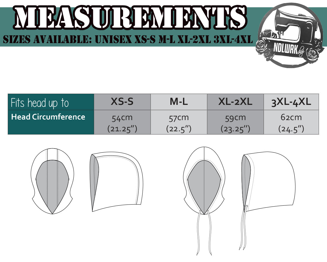 "Size chart for a unisex hood sewing pattern, available in XS-S to 3XL-4XL, with head circumference measurements in cm and inches.
