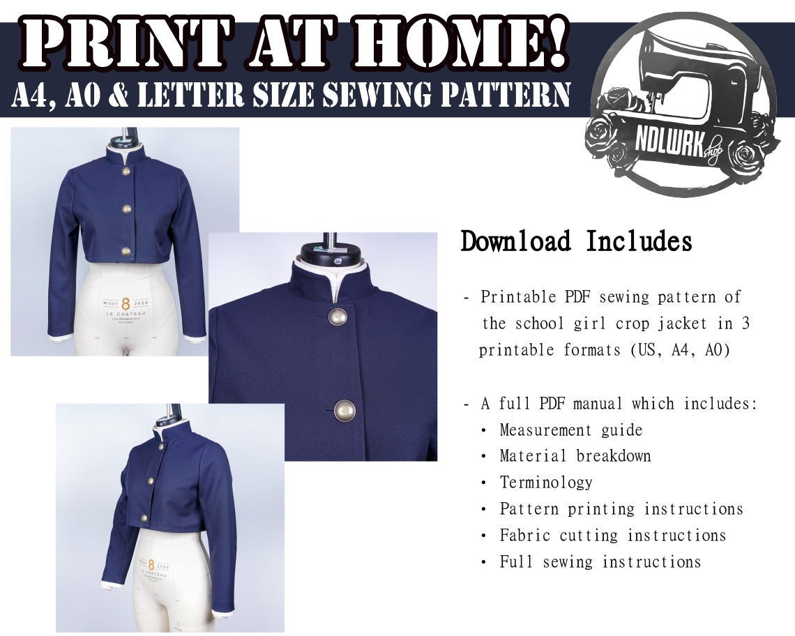 School Girl Crop Jacket Sewing Pattern/Downloadable PDF File and Tutorial Book