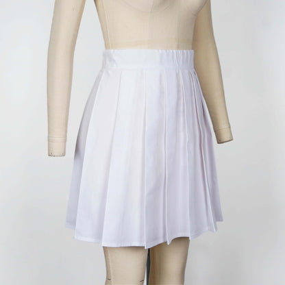 A-line, white pleated mini skirt with a wide waistband, displayed on a dress form.
