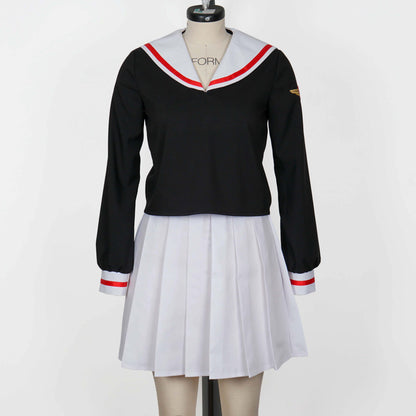  Full view of a black, long-sleeved Japanese school uniform (seifuku) with a white sailor collar trimmed in red, paired with a white pleated skirt, displayed on a mannequin.