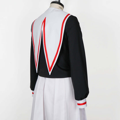 Full view of a black, long-sleeved Japanese school uniform (seifuku) with a white jester collar trimmed in red, paired with a white pleated skirt, displayed on a mannequin.