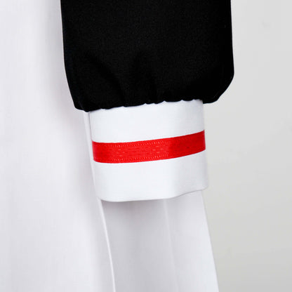 close up shot of black sleeve with white cuff and a red trim going around the center of the cuff on a white background.