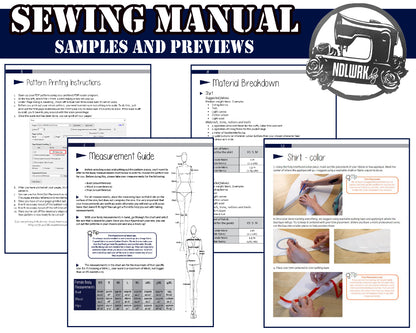 collage photo showing 4 different screenshots from the seifuku skirt tutorial book. Pattern printing instructions, material breakdown, measurement guide and a page from the actual tutorial.
