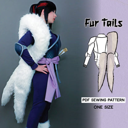 A person in a Setsuna cosplay costume featuring white fur tails, with a graphic of the digital sewing pattern included.