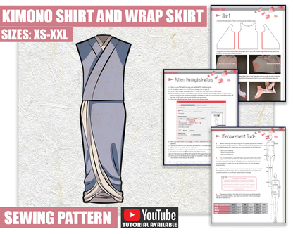 Promotional collage for a digital sewing pattern of a kimono shirt and wrap skirt, showing the finished garment, pattern pieces, and a YouTube tutorial icon.