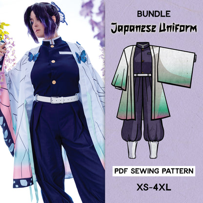 Promotional image for a Japanese Uniform Cosplay Sewing Pattern featuring a character in a kimono-style outfit, along with a diagram of the pattern parts and text indicating a PDF sewing pattern for sizes XS-4XL.