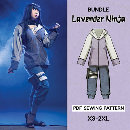 lavender ninja costume, alongside a diagram of the costume parts and a text detailing the PDF sewing pattern sizes from XS to 2XL.
