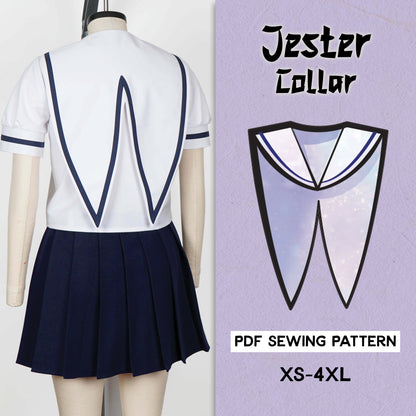 A fashion model wearing a stylish skirt and blouse, showcasing a casual dress design with a jester collar. The image includes text indicating it is a PDF sewing pattern available in sizes XS to 4XL.