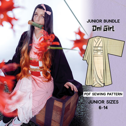 A promotional image featuring a person in a Nezuko-inspired Oni Girl costume, with an inset of the PDF sewing pattern for the costume, indicating junior sizes 6-14.