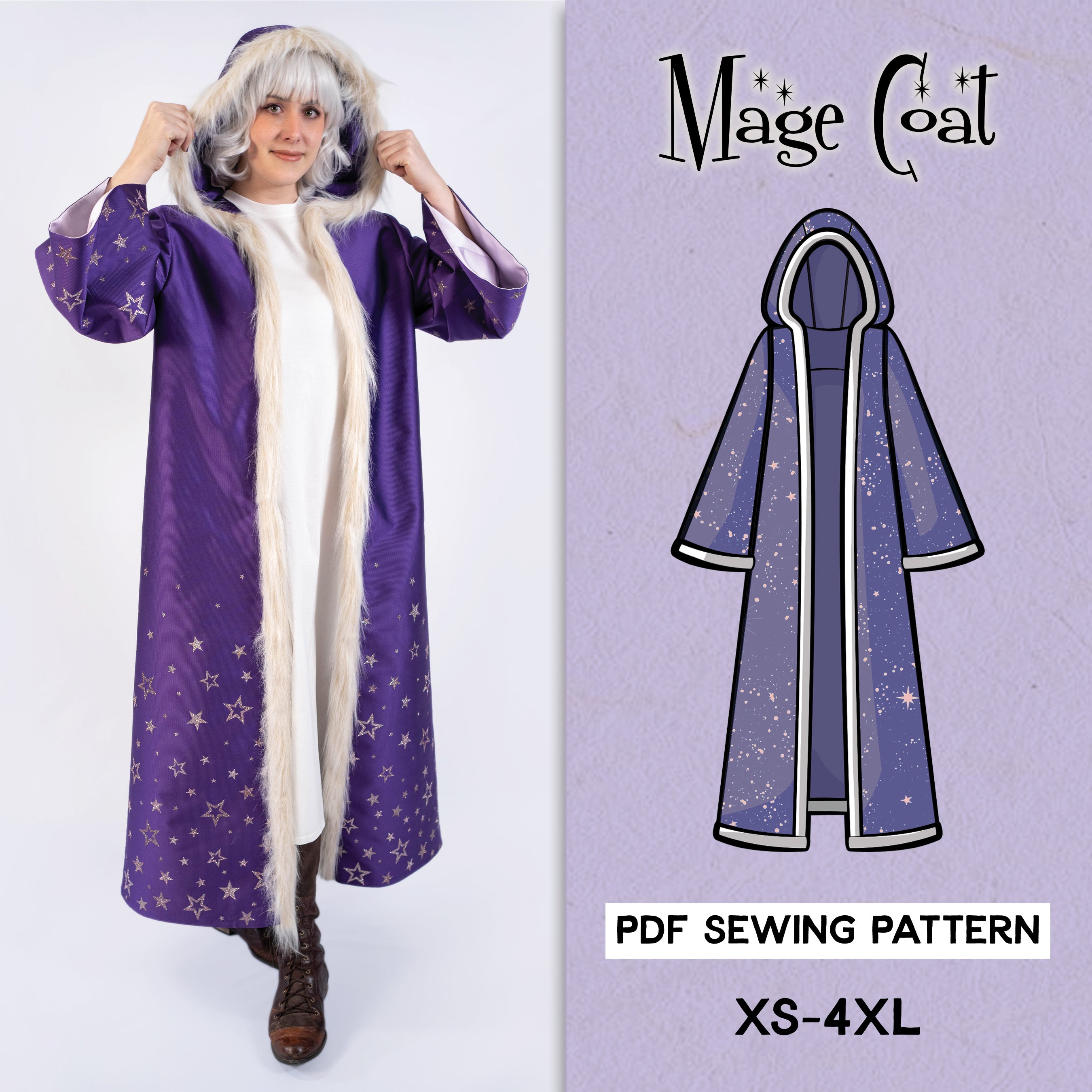 Mage Coat Sewing Pattern | Unisex Cosplay | Hooded Coat | Sizes XS–4XL