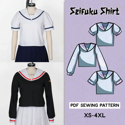 Collage showcasing a "Seifuku Shirt" PDF sewing pattern. The image includes photos of finished garments – a white and blue short-sleeved shirt and a black and red long-sleeved shirt – alongside cartoon-style line drawings. The pattern is available in sizes XS-4XL.