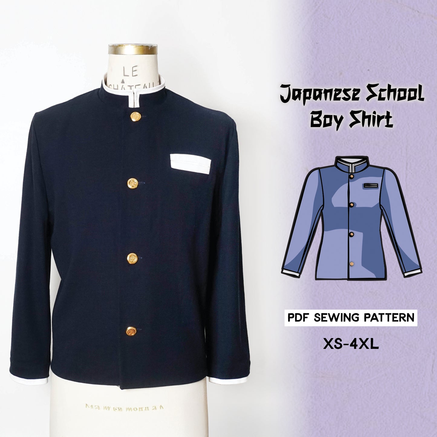 Japanese School Boy Shirt Sewing Pattern/Downloadable PDF File and Tutorial Book