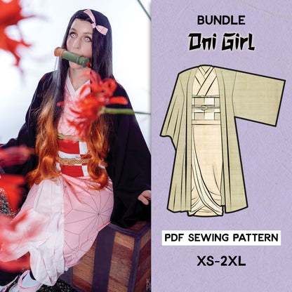 An image featuring a person in an Oni Girl costume, with a graphic representation of the costume's PDF sewing pattern indicating sizes XS-2XL.