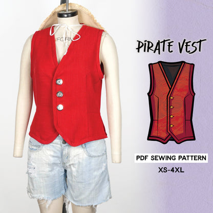 Red pirate vest with a V-neckline and button front closure