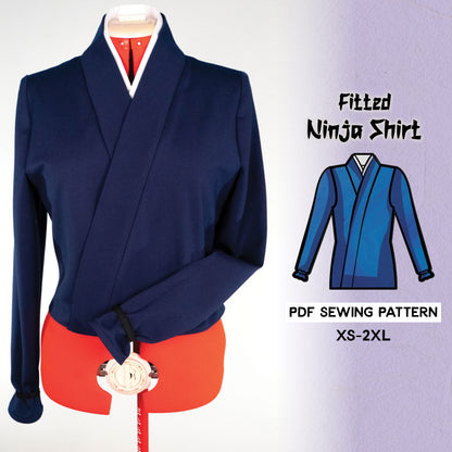 fitted ninja shirt in blue color displayed on a mannequin.