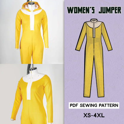 A digital sewing pattern for a women's jumper and hoods, with a yellow and white color scheme. Includes a finished garment image and a flat lay of the pattern pieces.