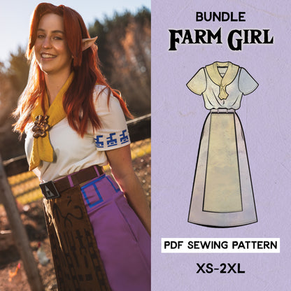 woman dressed in a costume based on the 'Farm Girl Cosplay' sewing pattern, with a graphic of the pattern designs and text indicating it is a PDF sewing pattern for sizes XS-2XL.