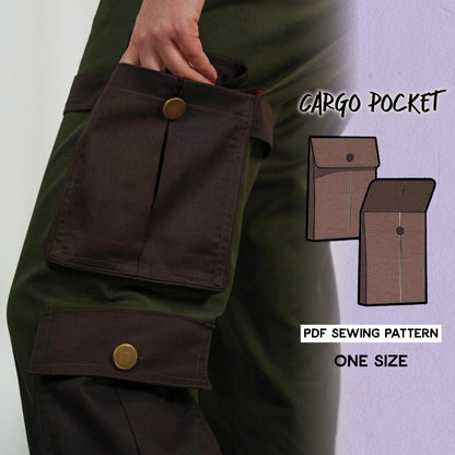 A person attaching a brown cargo pocket to a green garment, with a inset showing the PDF sewing pattern which is a cargo pocket, and text stating it is a 'PDF Sewing Pattern ONE SIZE'.