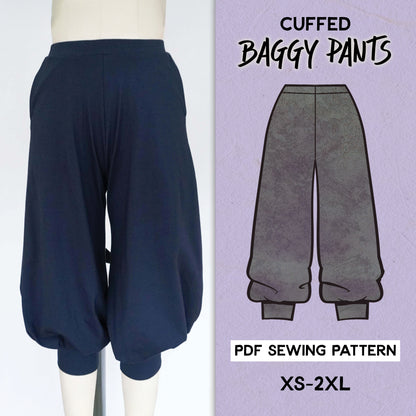 Cuffed Baggy Pants for stretch fabrics Sewing Pattern | Downloadable PDF File and Tutorial Book
