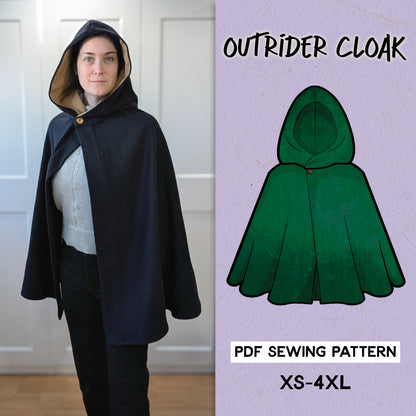 Black outrider cloak with a hood, along with a stylized illustration of the cloak in a green color. 