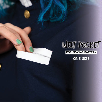 A person with blue hair is holding a piece of paper with the text 'WELT POCKET PDF SEWING PATTERN ONE SIZE' written on it.