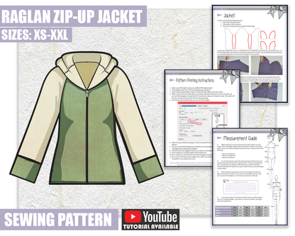 A visual guide showing the front and back view of a raglan sleeve zip-up jacket, with a downloadable PDF button and a YouTube tutorial link.