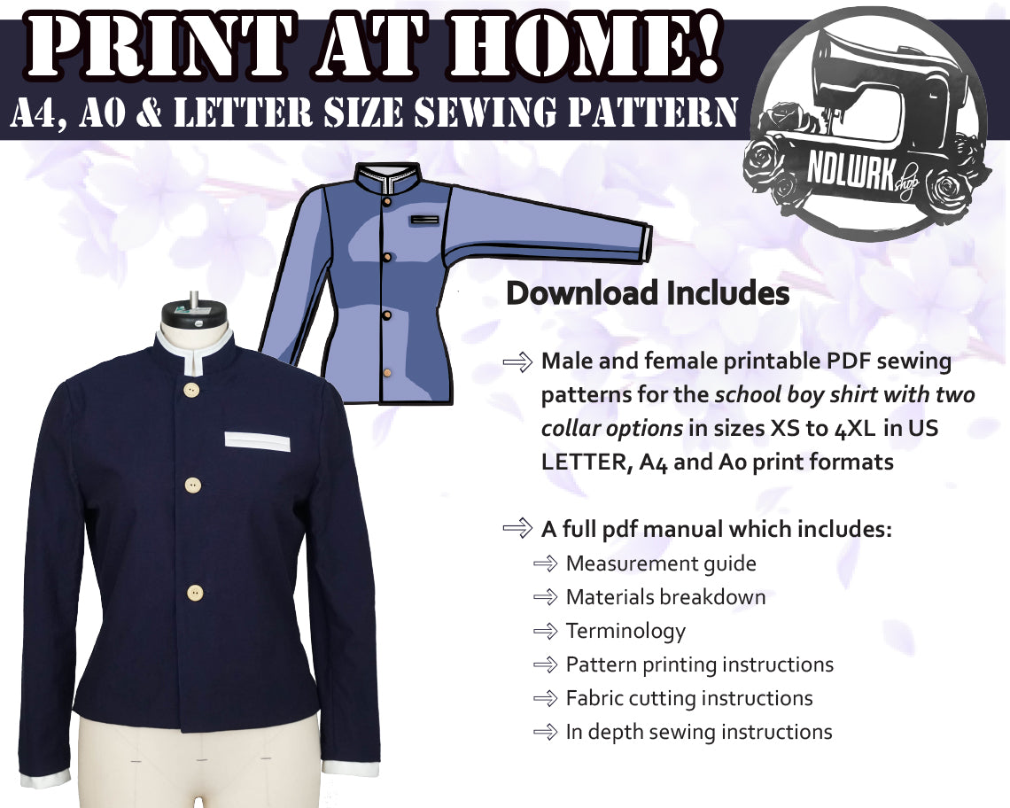 Japanese School Boy Shirt Sewing Pattern/Downloadable PDF File and Tutorial Book