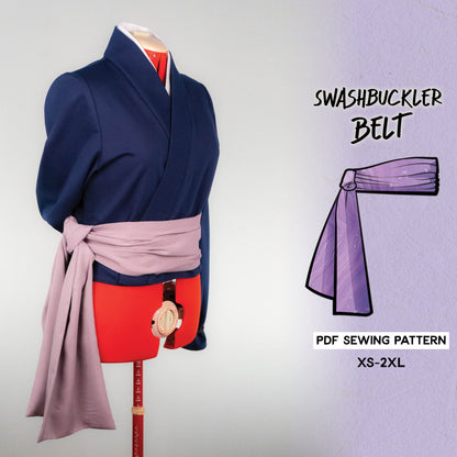 A promotional image featuring a mannequin displaying a swash buckler belt, with a PDF sewing pattern available for download, including sizes XS-2XL.