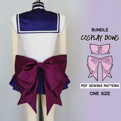 A mannequin displaying a cosplay costume featuring a large purple bow with a PDF sewing pattern for creating such bows.