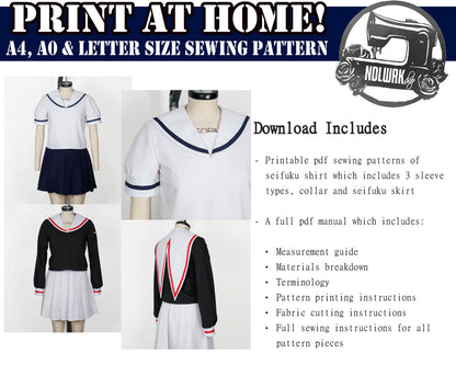 Image advertising a printable PDF sewing pattern for a seifuku (sailor uniform) including a shirt with multiple sleeve options and a skirt. Includes a full instruction manual. (A longer description providing more specific details about the product.)