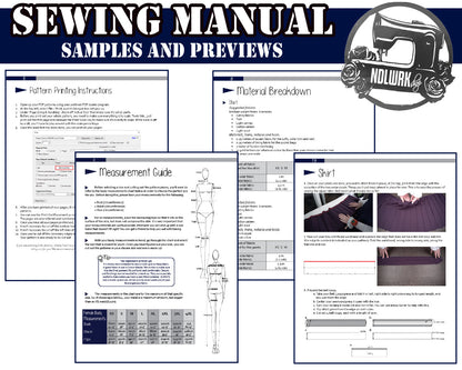 collage photo showing 4 different screenshots from the seifuku skirt tutorial book. Pattern printing instructions, material breakdown, measurement guide and a page from the actual tutorial.
