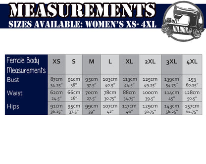 A chart showing a female measurement chart ranging from sizes extra small to 4 extra large