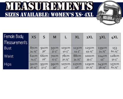 A chart showing a female measurement chart ranging from sizes extra small to 4 extra large