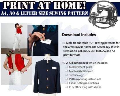 Japanese School Boy Uniform Cosplay Fashion Costume Sewing Pattern/Downloadable PDF File