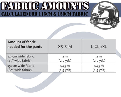 A fabric requirement chart for cuffed baggy pants, detailing fabric amounts needed for XS to 2XL sizes in both 115cm (45") and 150cm (60") wide fabrics.